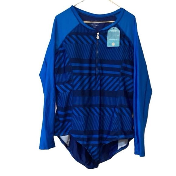 NWT Long Sleeve Half Zip Swimsuit UV Skin Blue Size 3X UPF 50+ Rash Guard - Picture 2 of 12
